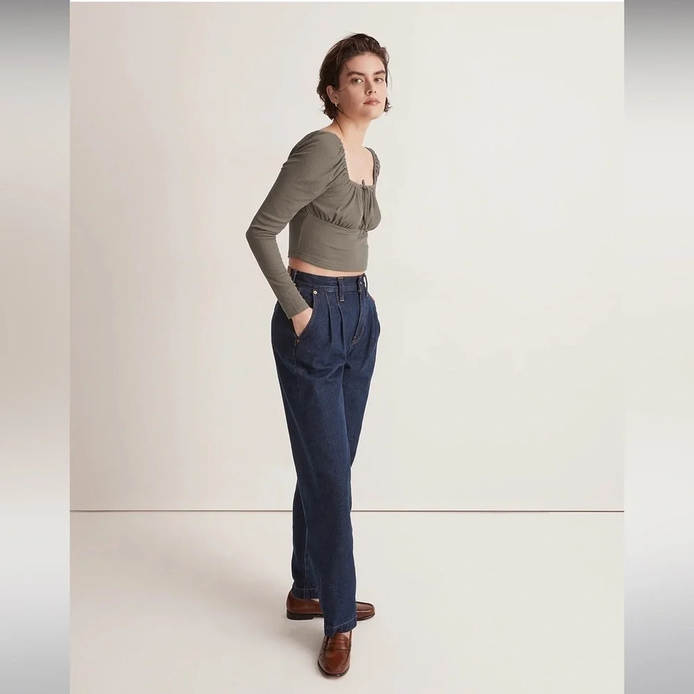 Madewell Ribbed Square-Neck Long-Sleeve Top, Light Umber (Mushroom), M or L, NWT